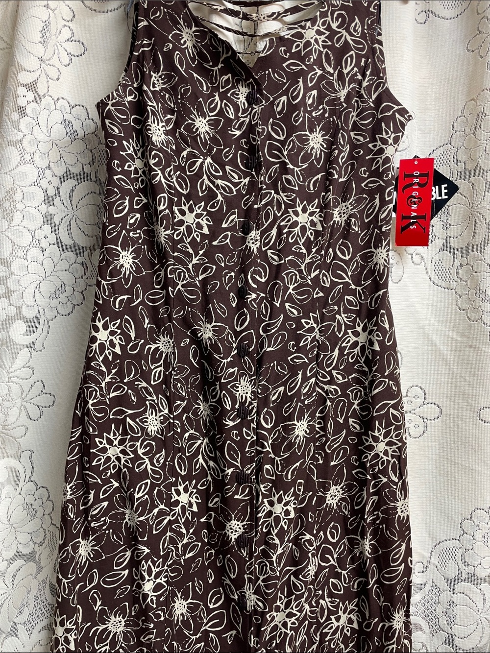 R&K Originals Sleeveless Brown Floral Maxi Dress with Button-Front Size 8 NWT